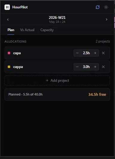 HourPilot Plan tab showing project allocations